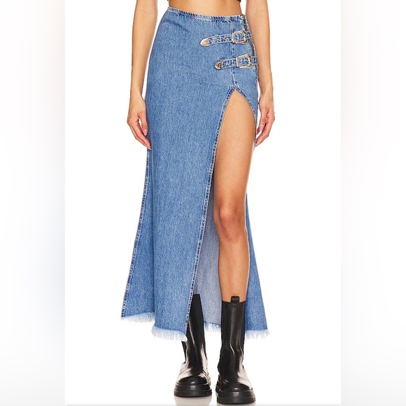 understated leather Dresses & Skirts - New Understated Leather Western Maxi Skirt in Summer Sky Blue denim split hem